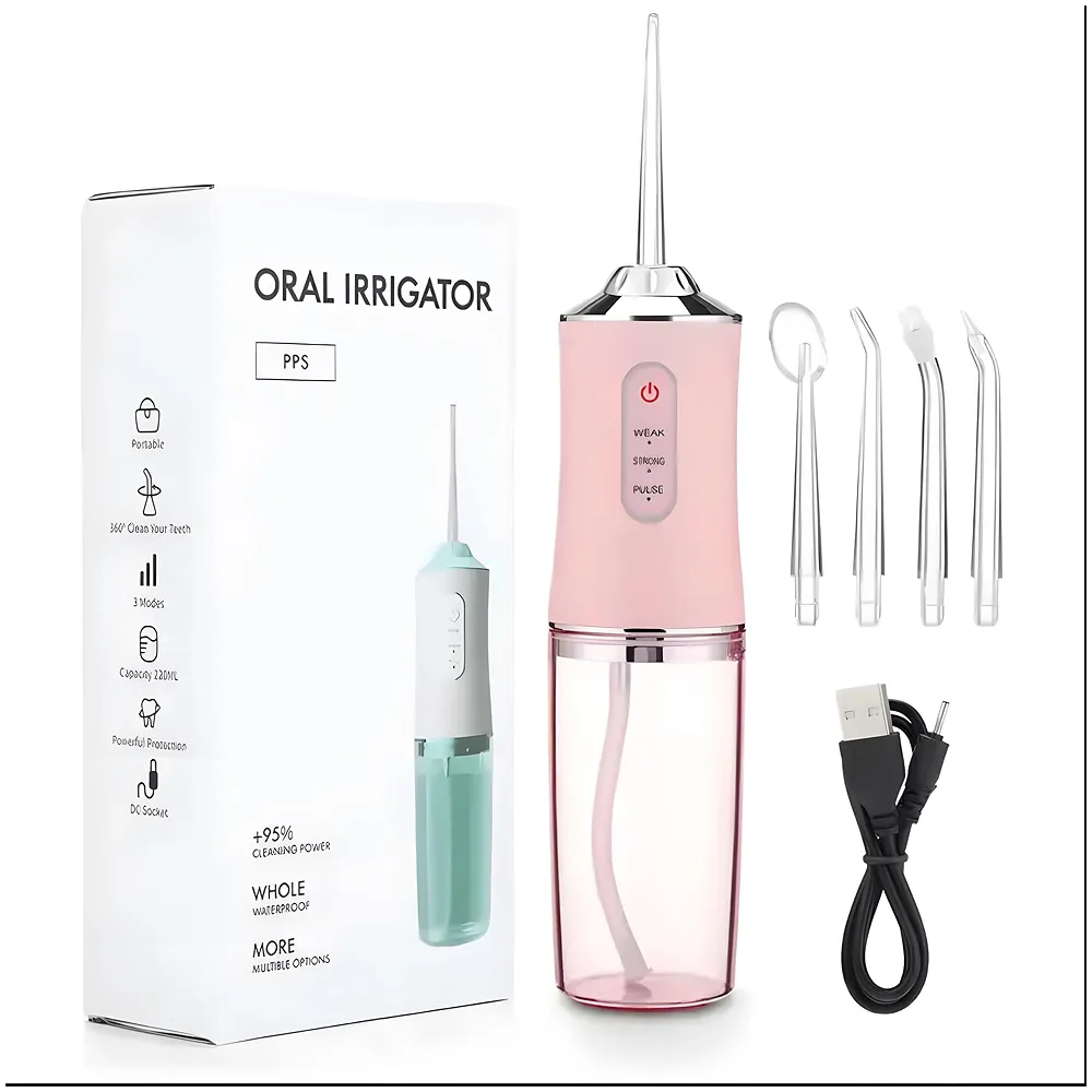 Pink Water Flosser Portable Dental Water Jet Oral Teeth Irrigator Waterproof Tooth Cleaner Water Flosser Oral Flosser 3 Modes And 4 Nozzels 220 ML - Premium