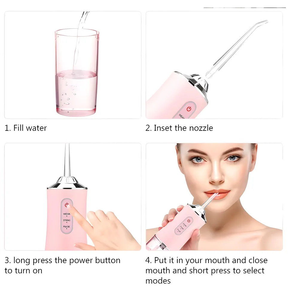 Pink Water Flosser Portable Dental Water Jet Oral Teeth Irrigator Waterproof Tooth Cleaner Water Flosser Oral Flosser 3 Modes And 4 Nozzels 220 ML - Premium