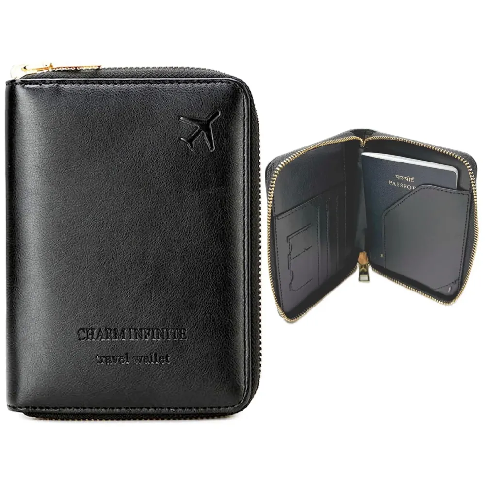 Passport Cover Case with Zip, 2 Passport Slots, 3 Credit Card, Boarding Pass, 2 Sim Slot Oragniser Pouch for Travel, Pocket Size - 15 Cm x 11 Cm PU Leather Black