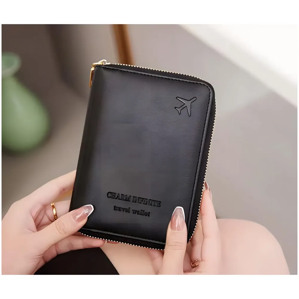 Passport Cover Case with Zip, 2 Passport Slots, 3 Credit Card, Boarding Pass, 2 Sim Slot Oragniser Pouch for Travel, Pocket Size - 15 Cm x 11 Cm PU Leather Black - 5