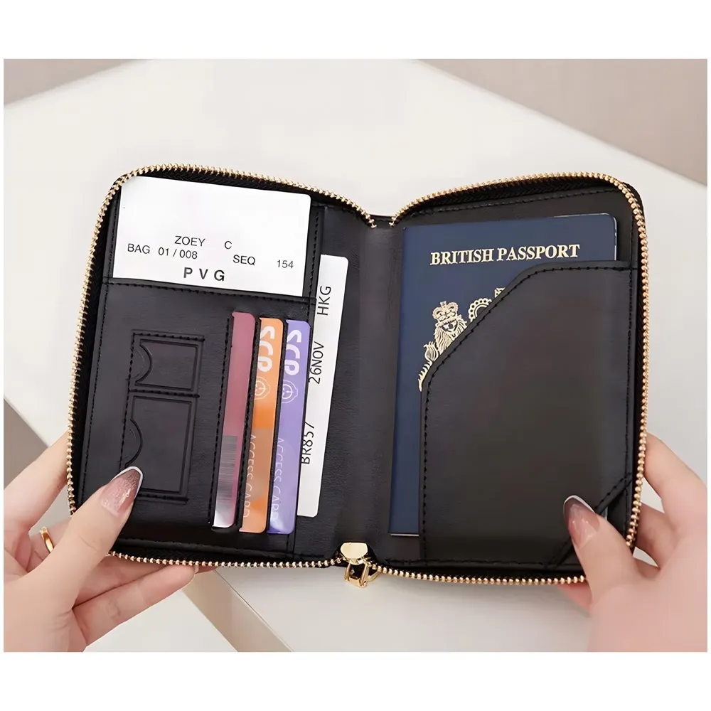 Passport Cover Case with Zip, 2 Passport Slots, 3 Credit Card, Boarding Pass, 2 Sim Slot Oragniser Pouch for Travel, Pocket Size - 15 Cm x 11 Cm PU Leather Black