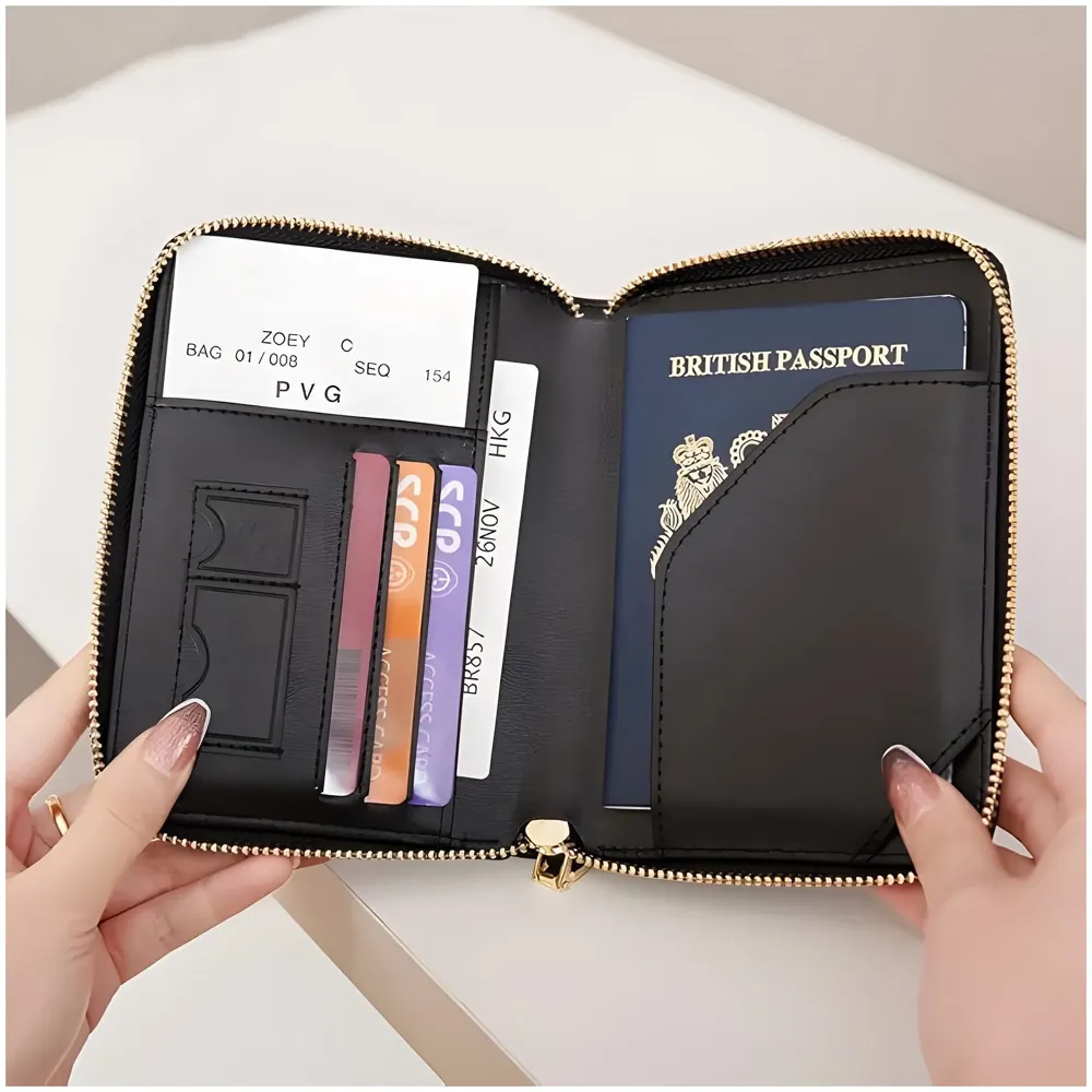 Passport Cover Case with Zip, 2 Passport Slots, 3 Credit Card, Boarding Pass, 2 Sim Slot Oragniser Pouch for Travel, Pocket Size - 15 Cm x 11 Cm PU Leather Black