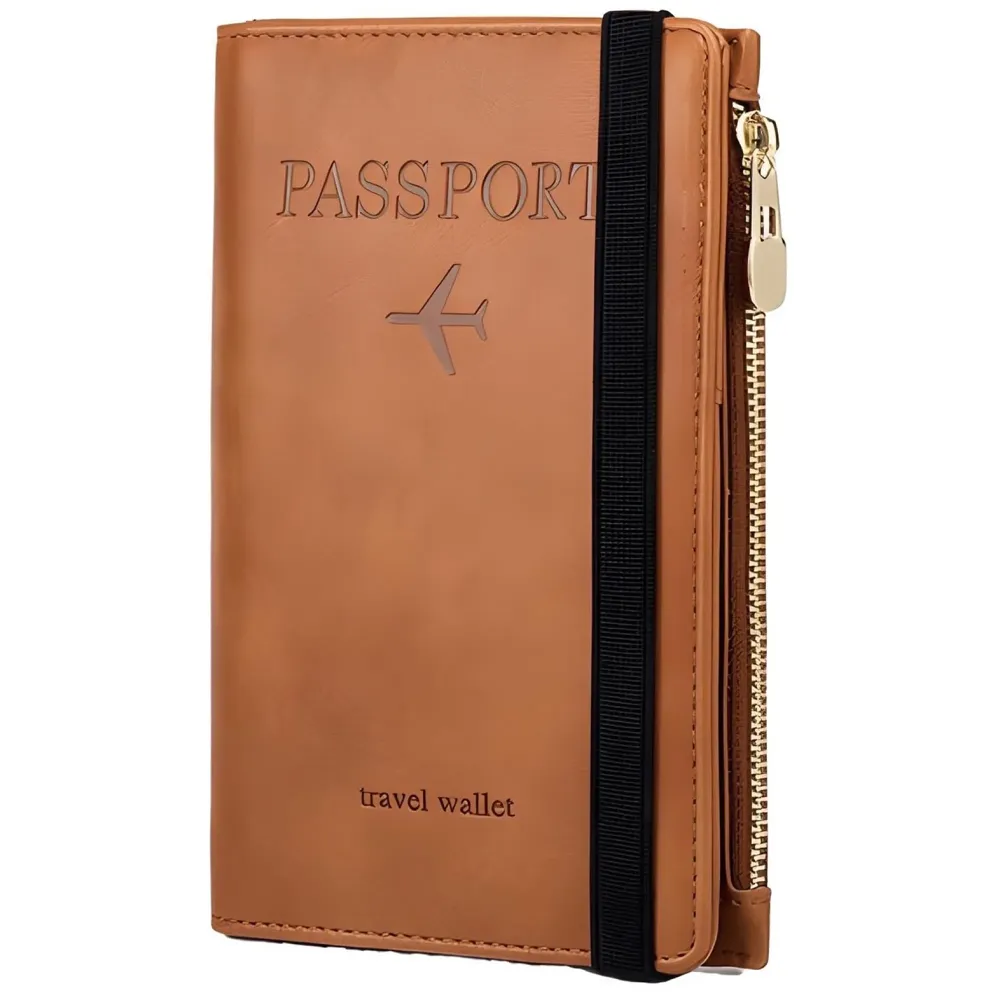Passport Cover Case with Zip, 2 Passport Slots, 4 Credit Card, Boarding Pass, 2 Sim Slots, 1 Zip Money Slot Oragniser Pouch for Travel, Pocket Size - 17 Cm x 11 Cm PU Leather - Brown
