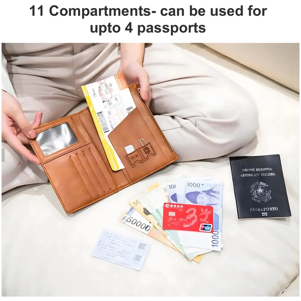 Passport Cover Case with Zip, 2 Passport Slots, 4 Credit Card, Boarding Pass, 2 Sim Slots, 1 Zip Money Slot Oragniser Pouch for Travel, Pocket Size - 17 Cm x 11 Cm PU Leather - Brown