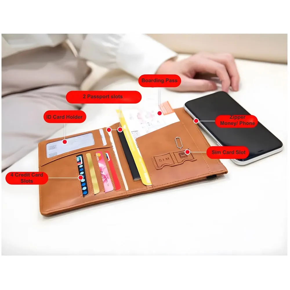 Passport Cover Case with Zip, 2 Passport Slots, 4 Credit Card, Boarding Pass, 2 Sim Slots, 1 Zip Money Slot Oragniser Pouch for Travel, Pocket Size - 17 Cm x 11 Cm PU Leather - Brown