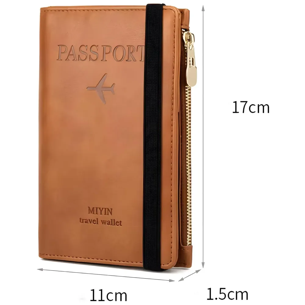 Passport Cover Case with Zip, 2 Passport Slots, 4 Credit Card, Boarding Pass, 2 Sim Slots, 1 Zip Money Slot Oragniser Pouch for Travel, Pocket Size - 17 Cm x 11 Cm PU Leather - Brown
