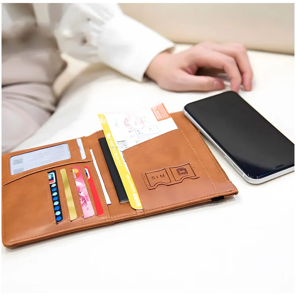 Passport Cover Case with Zip, 2 Passport Slots, 4 Credit Card, Boarding Pass, 2 Sim Slots, 1 Zip Money Slot Oragniser Pouch for Travel, Pocket Size - 17 Cm x 11 Cm PU Leather - Brown