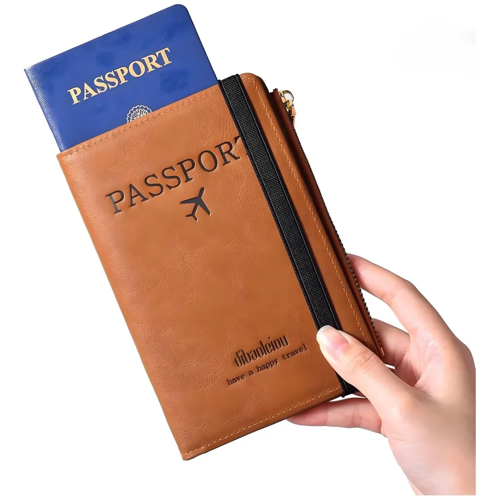 Passport Cover Case with Zip, 2 Passport Slots, 4 Credit Card, Boarding Pass, 2 Sim Slots, 1 Zip Money Slot Oragniser Pouch for Travel, Pocket Size - 17 Cm x 11 Cm PU Leather - Brown