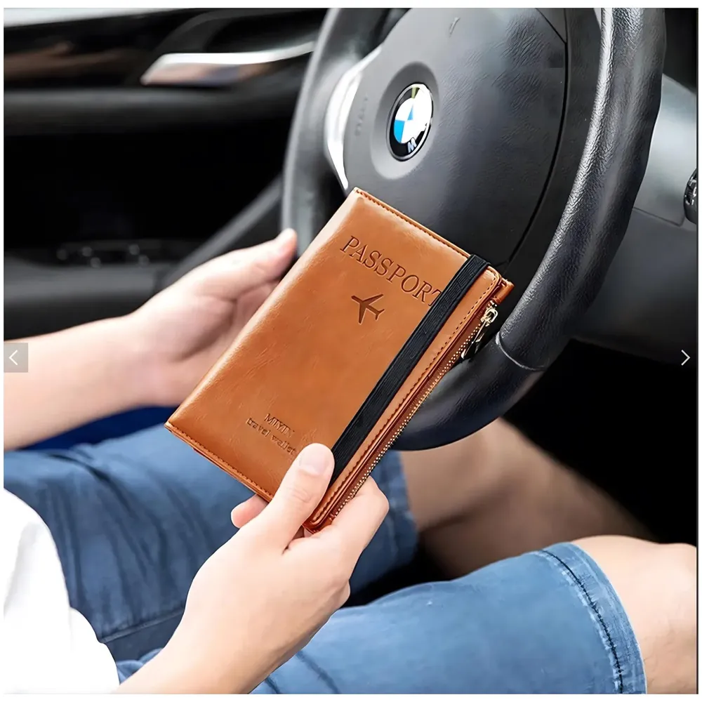 Passport Cover Case with Zip, 2 Passport Slots, 4 Credit Card, Boarding Pass, 2 Sim Slots, 1 Zip Money Slot Oragniser Pouch for Travel, Pocket Size - 17 Cm x 11 Cm PU Leather - Brown