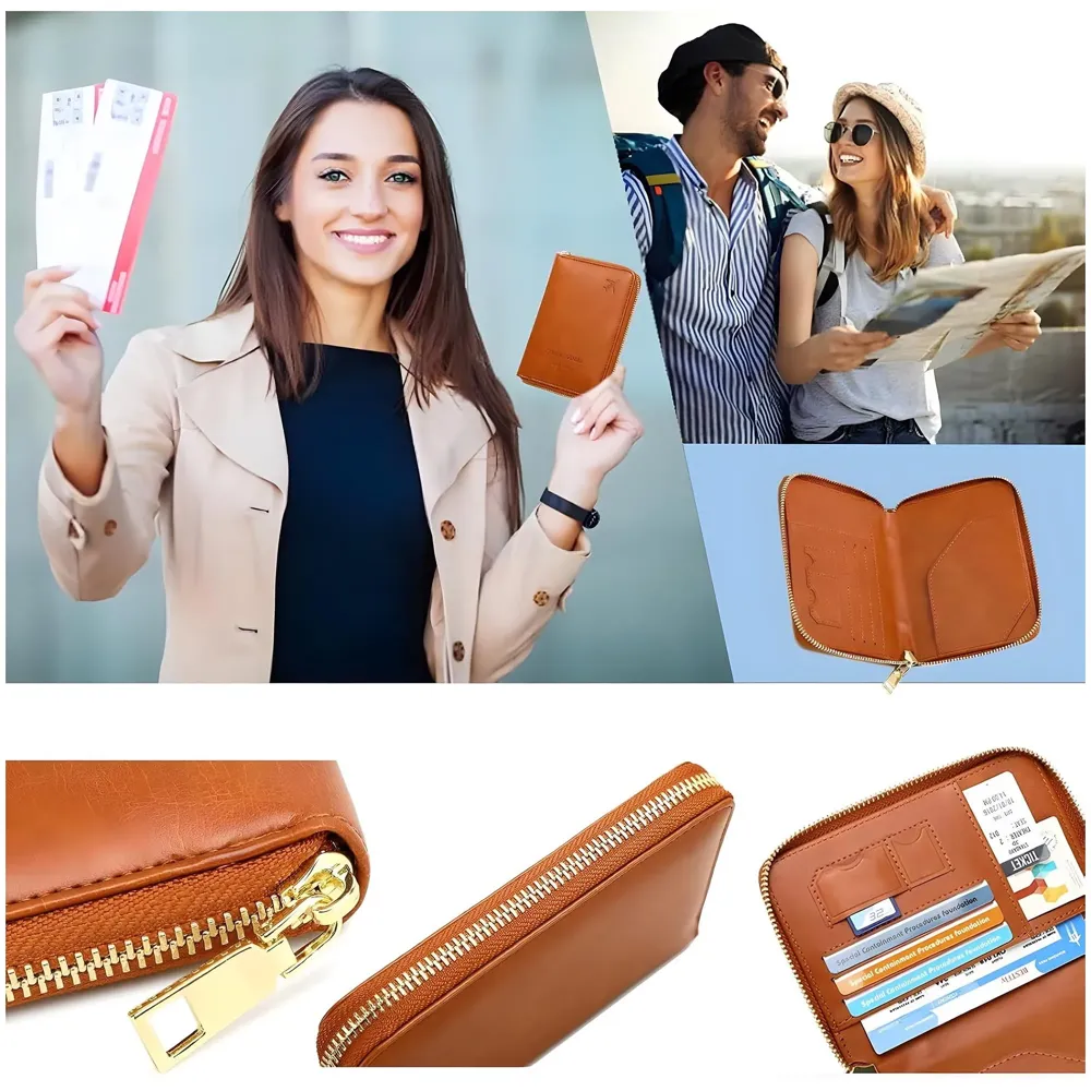 Passport Cover Case with Zip, 2 Passport Slots, 3 Credit Card, Boarding Pass, 2 Sim Slot Oragniser Pouch for Travel, Pocket Size - 15 Cm x 11 Cm PU Leather - Brown - 2