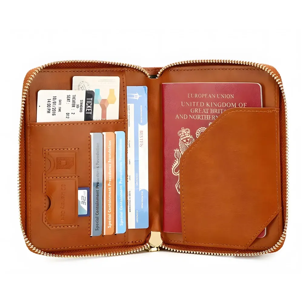 Passport Cover Case with Zip, 2 Passport Slots, 3 Credit Card, Boarding Pass, 2 Sim Slot Oragniser Pouch for Travel, Pocket Size - 15 Cm x 11 Cm PU Leather - Brown - 3