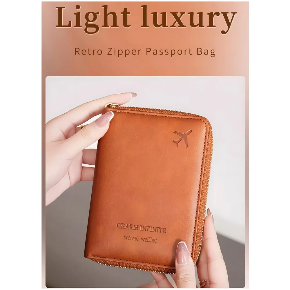 Passport Cover Case with Zip, 2 Passport Slots, 3 Credit Card, Boarding Pass, 2 Sim Slot Oragniser Pouch for Travel, Pocket Size - 15 Cm x 11 Cm PU Leather - Brown - 7
