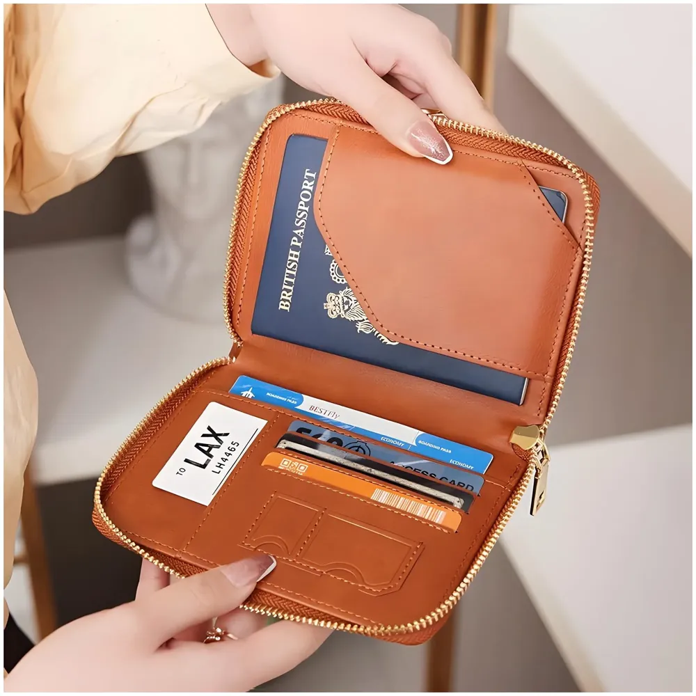 Passport Cover Case with Zip, 2 Passport Slots, 3 Credit Card, Boarding Pass, 2 Sim Slot Oragniser Pouch for Travel, Pocket Size - 15 Cm x 11 Cm PU Leather - Brown - 8