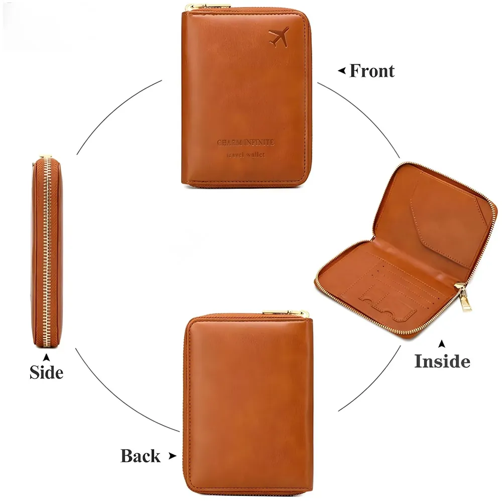 Passport Cover Case with Zip, 2 Passport Slots, 3 Credit Card, Boarding Pass, 2 Sim Slot Oragniser Pouch for Travel, Pocket Size - 15 Cm x 11 Cm PU Leather - Brown