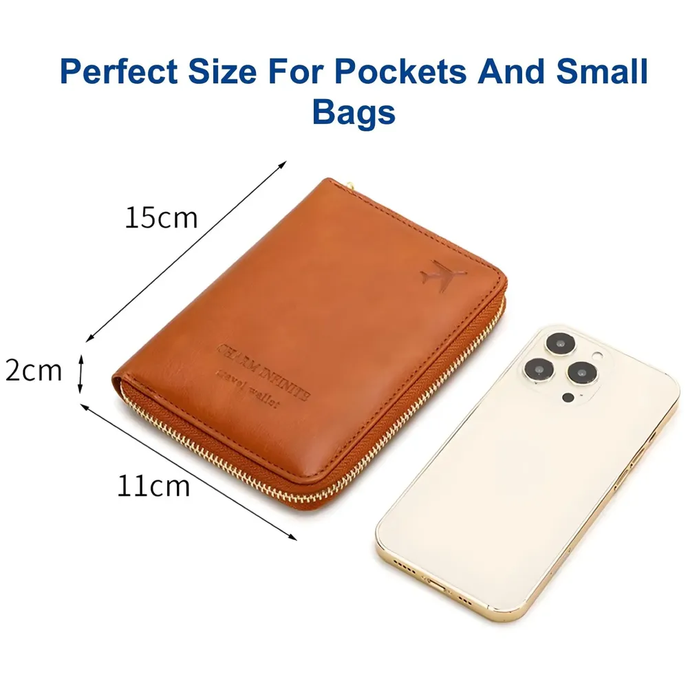 Passport Cover Case with Zip, 2 Passport Slots, 3 Credit Card, Boarding Pass, 2 Sim Slot Oragniser Pouch for Travel, Pocket Size - 15 Cm x 11 Cm PU Leather - Brown