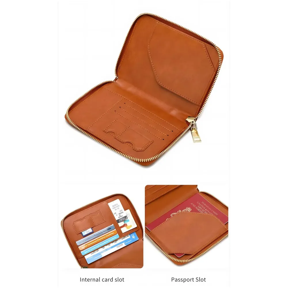 Passport Cover Case with Zip, 2 Passport Slots, 3 Credit Card, Boarding Pass, 2 Sim Slot Oragniser Pouch for Travel, Pocket Size - 15 Cm x 11 Cm PU Leather - Brown