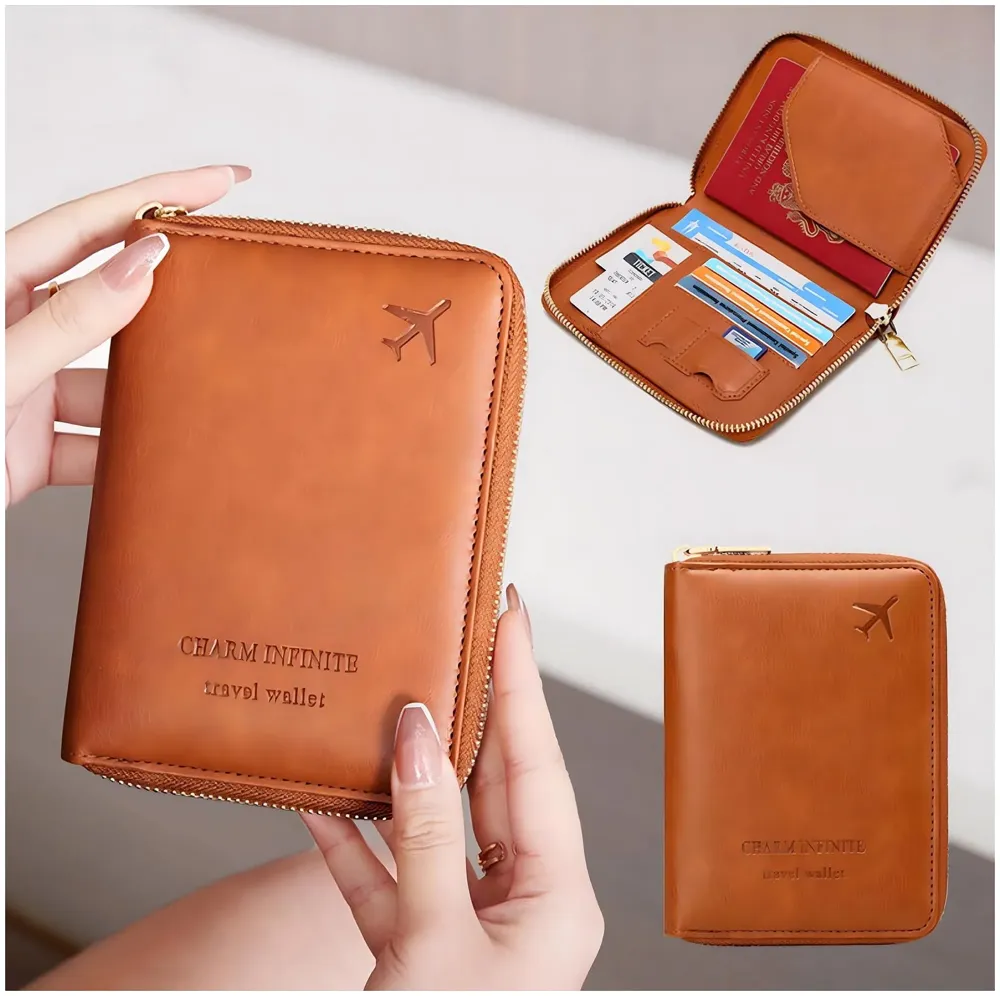 Passport Cover Case with Zip, 2 Passport Slots, 3 Credit Card, Boarding Pass, 2 Sim Slot Oragniser Pouch for Travel, Pocket Size - 15 Cm x 11 Cm PU Leather - Brown