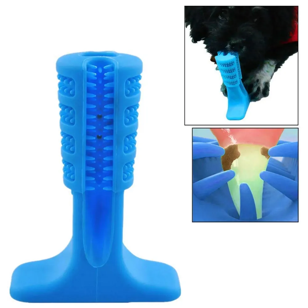 Dog Toothbrush Stick-Puppy Dental Care Brushing Stick Effective Doggy Teeth Cleaning Massager Nontoxic Natural Rubber Bite Resistant Chew Toys for Dogs Pets (Small Breeds Blue) - 2