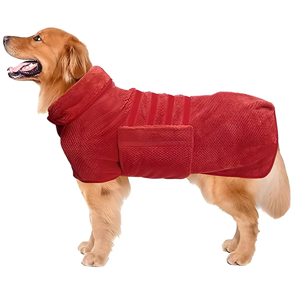 Pet Bath Gown Dog Drying Coat, Dog Bath Towel Robe, Pet Microfibre Super Absorbent, Designed Puppy Fit for Large Dogs – Red, 30 Inch
