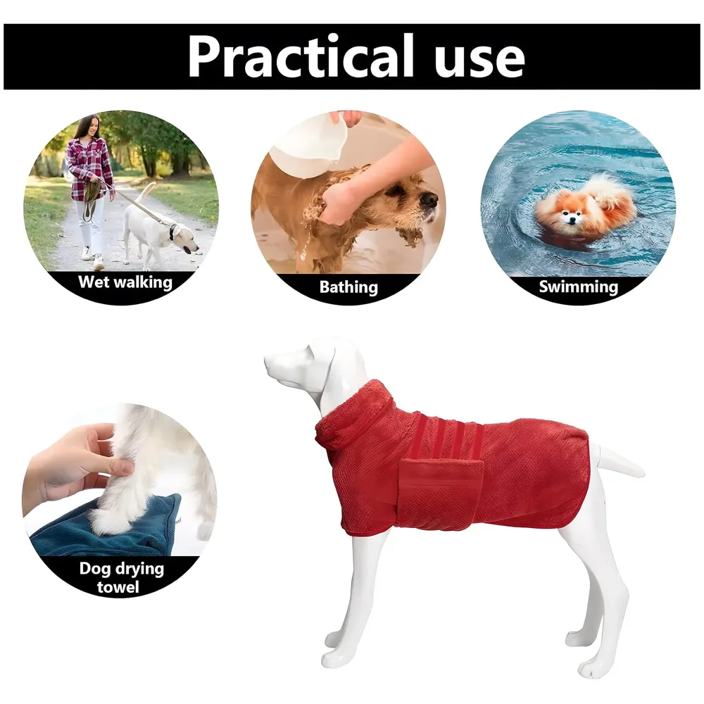 Pet Bath Gown Dog Drying Coat, Dog Bath Towel Robe, Pet Microfibre Super Absorbent, Designed Puppy Fit for Large Dogs – Red, 30 Inch - 3
