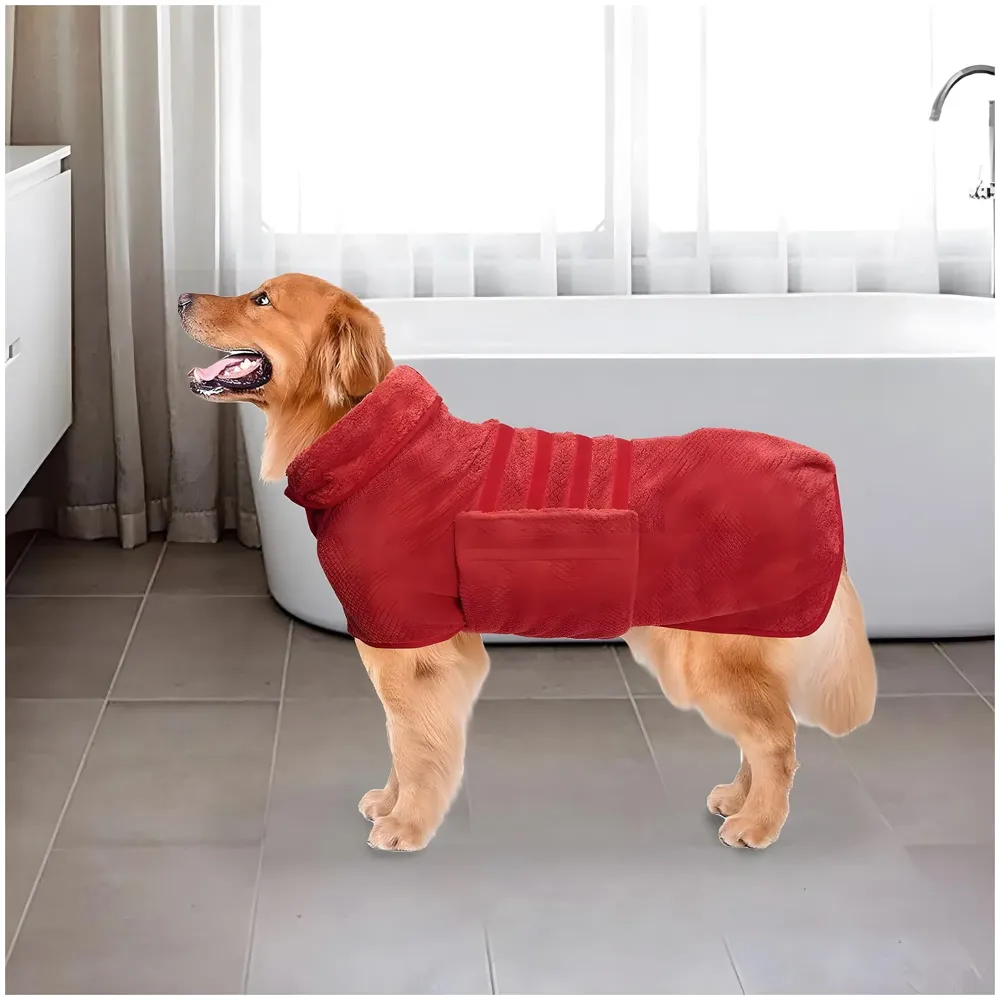 Pet Bath Gown Dog Drying Coat, Dog Bath Towel Robe, Pet Microfibre Super Absorbent, Designed Puppy Fit for Large Dogs – Red, 30 Inch - 6