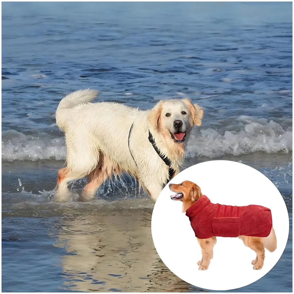 Pet Bath Gown Dog Drying Coat, Dog Bath Towel Robe, Pet Microfibre Super Absorbent, Designed Puppy Fit for Large Dogs – Red, 30 Inch - 8