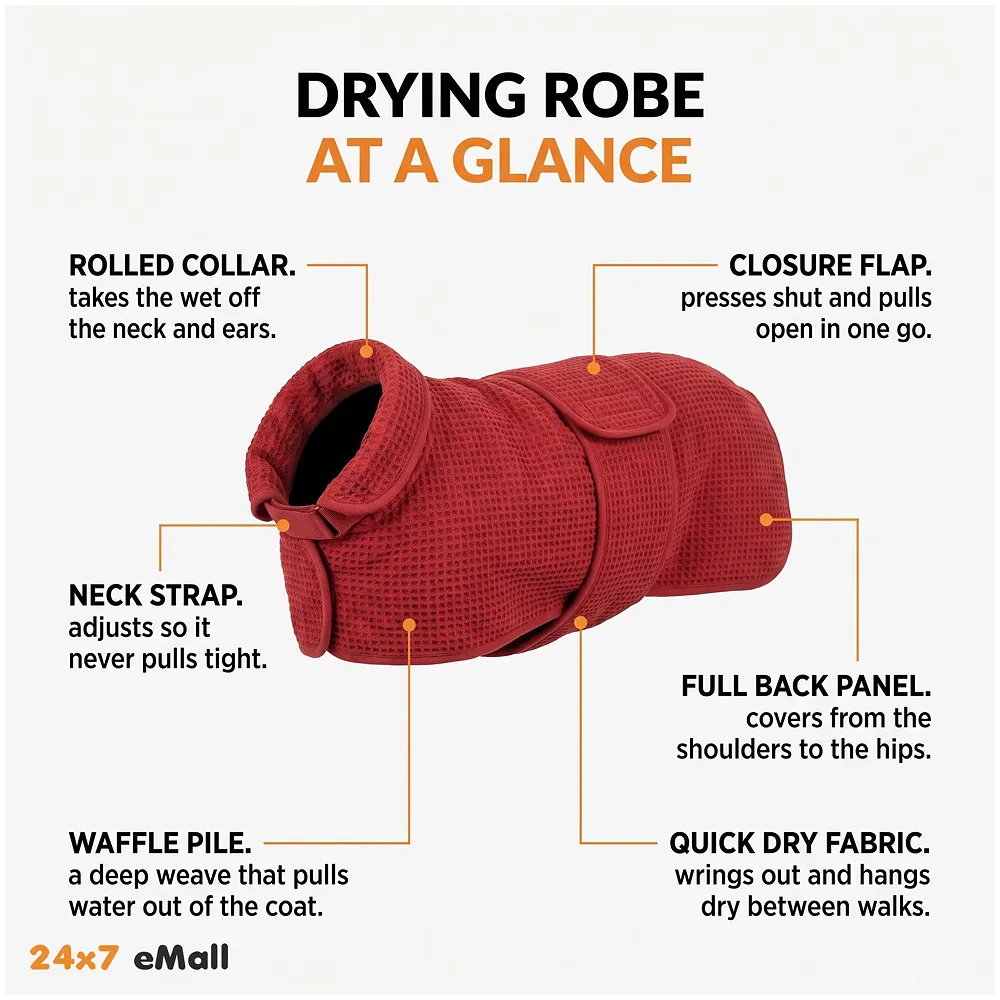 Pet Bath Gown Dog Drying Coat, Dog Bath Towel Robe, Pet Microfibre Super Absorbent, Designed Puppy Fit for Large Dogs – Red, 30 Inch Premium