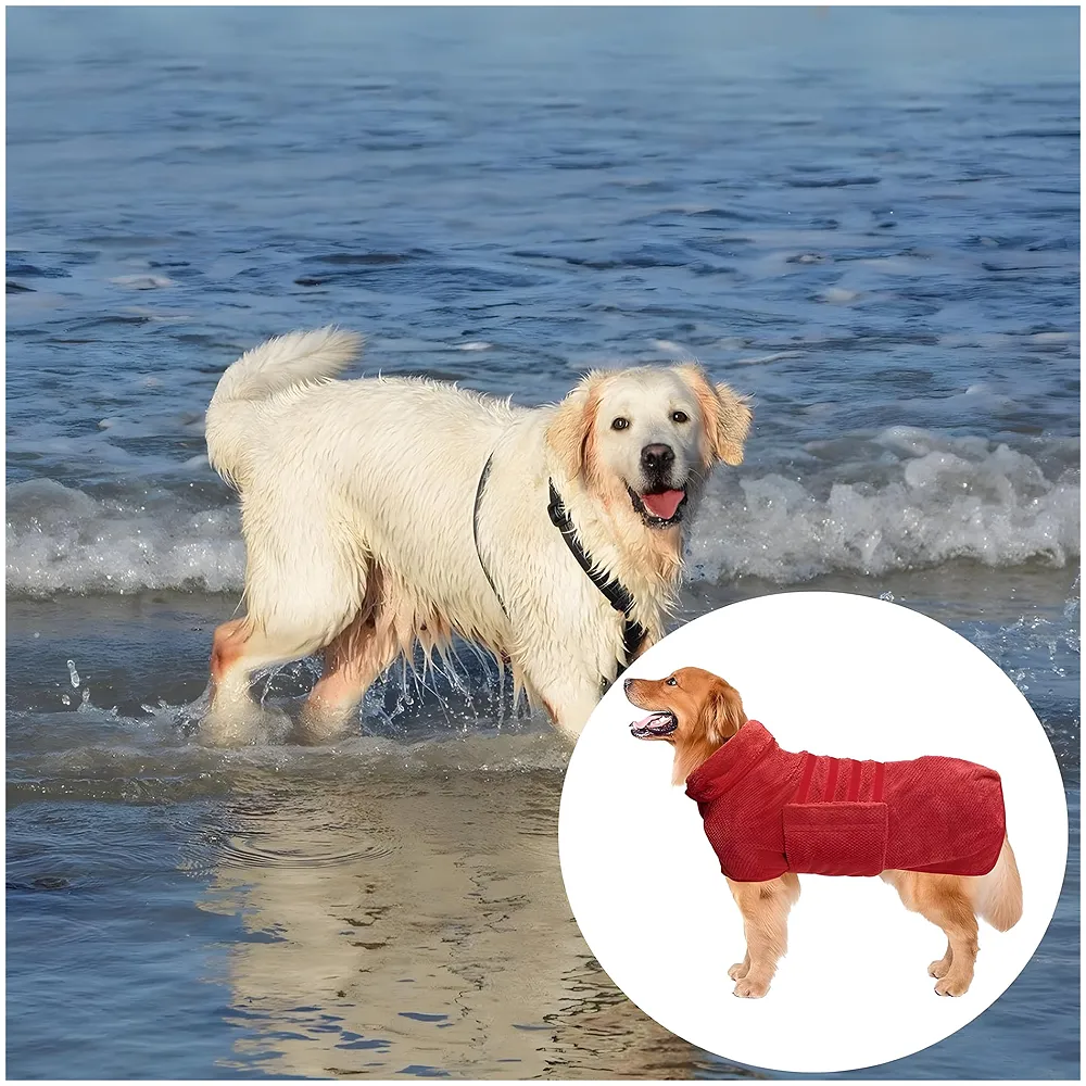 Morezi Dog Robe - Red, XL - Towel Bathrobe Gown Super Absorbent, Double Value - for Small, Medium, Large Dogs - Drying Coat, Wrap Style