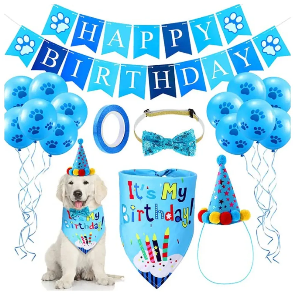 Dog Birthday Set Pet Birthday Kit with Hat Bandana Scarf Bow Tie Collar Dog Print Banner and 10 Piece 12 Inch Paw Print Balloon (Blue)