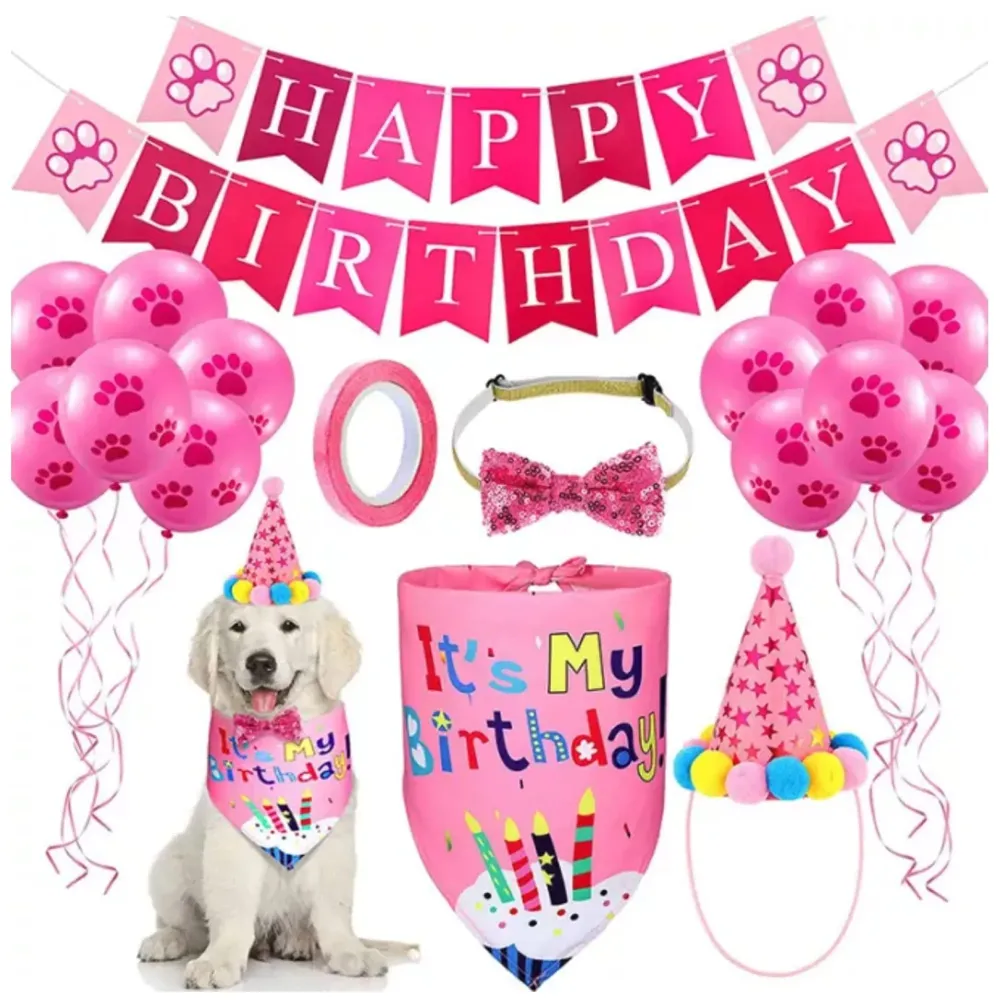 Dog Birthday Set Pet Birthday Kit with Hat Bandana Scarf Bow Tie Collar Dog Print Banner and 10 Piece 12 Inch Paw Print Balloon (Pink)