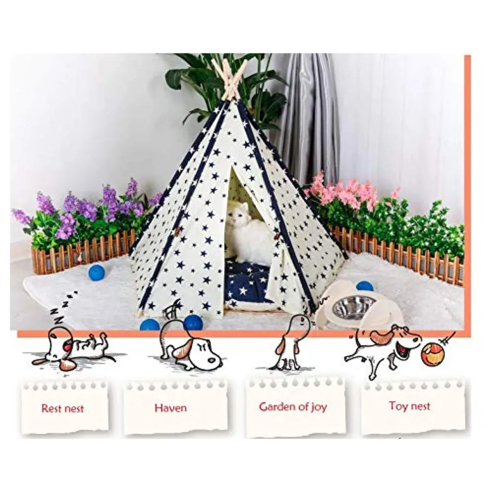 Stars Pet Tent House Canopy Dog & Cat Bed with Cushion- Luxury Dog Tents & Pet Houses with Cushion & Blackboard for Name 60cm X 50cm