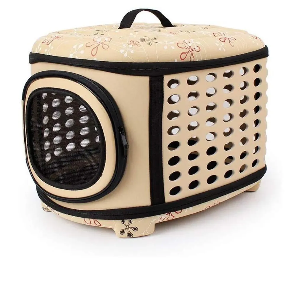 Portable Breathable EVA Car Soft Fabric Pet Carrier Folding Outdoor Storage Puppy Travel Transport Bag Pack for Dog Cat 43 x 38 x 30 cm (Beige)