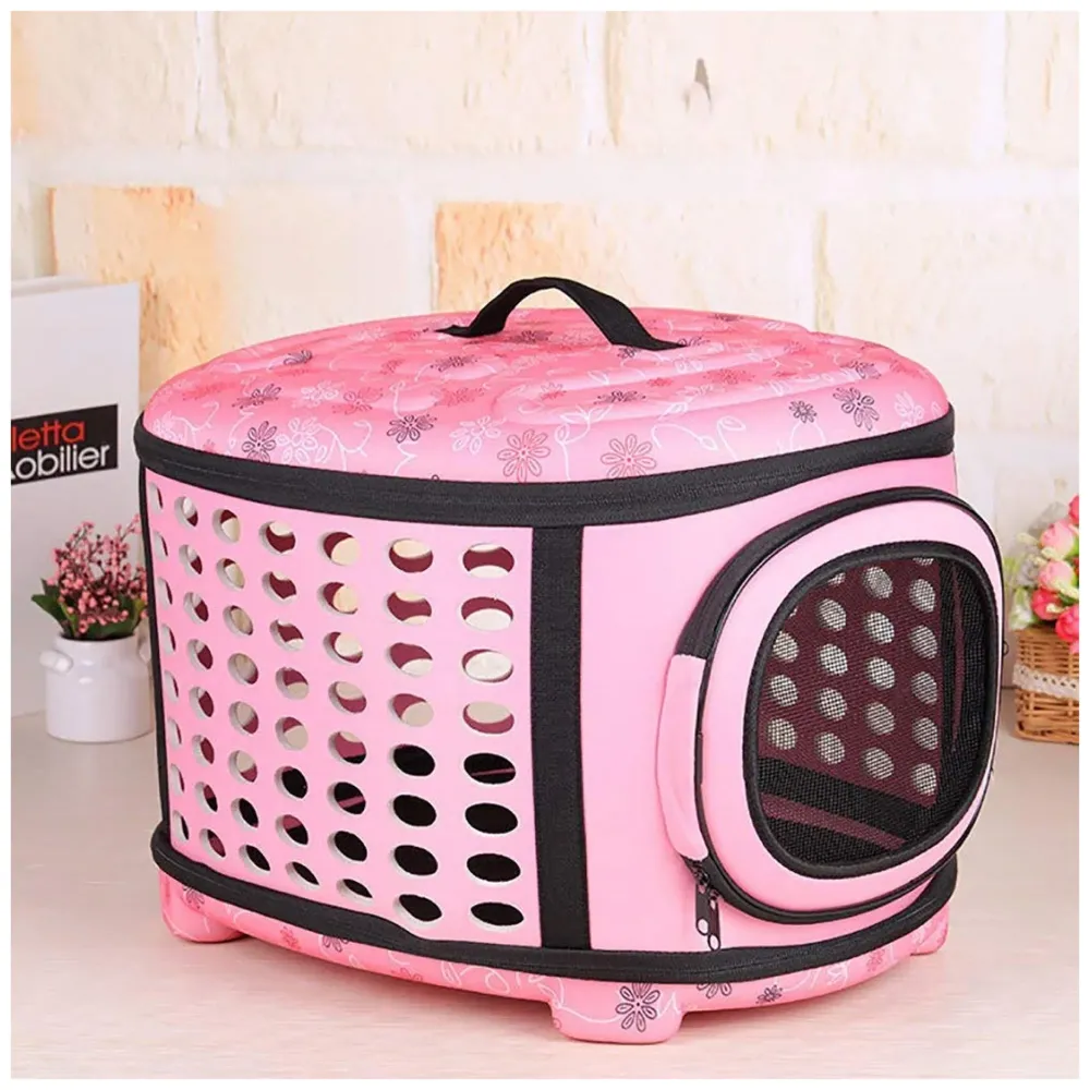 Portable Breathable EVA Car Soft Fabric Pet Carrier Folding Outdoor Storage Puppy Travel Transport Bag Pack for Dog Cat 43 x 38 x 30 cm (Pink)