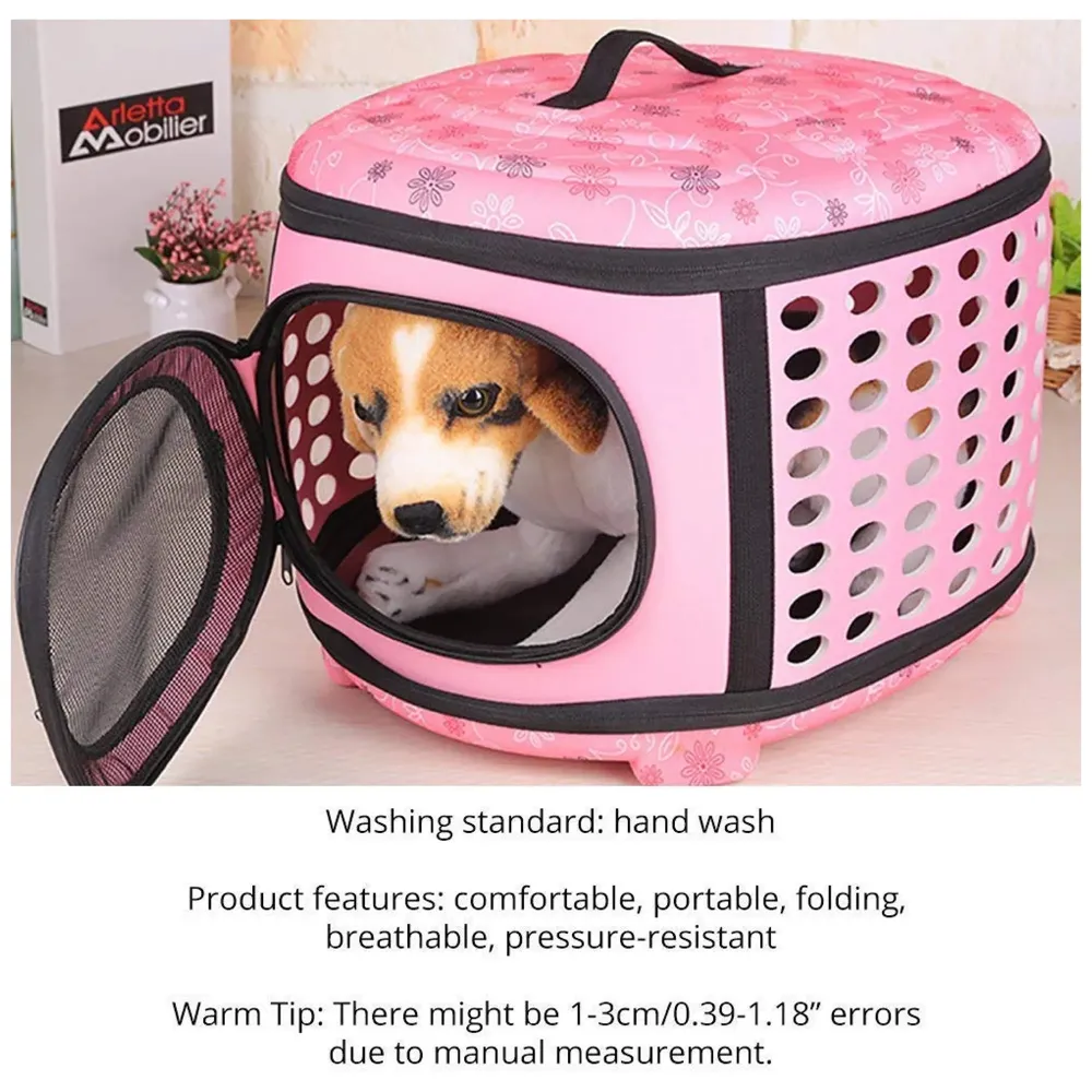 Portable Breathable EVA Car Soft Fabric Pet Carrier Folding Outdoor Storage Puppy Travel Transport Bag Pack for Dog Cat 43 x 38 x 30 cm (Pink)