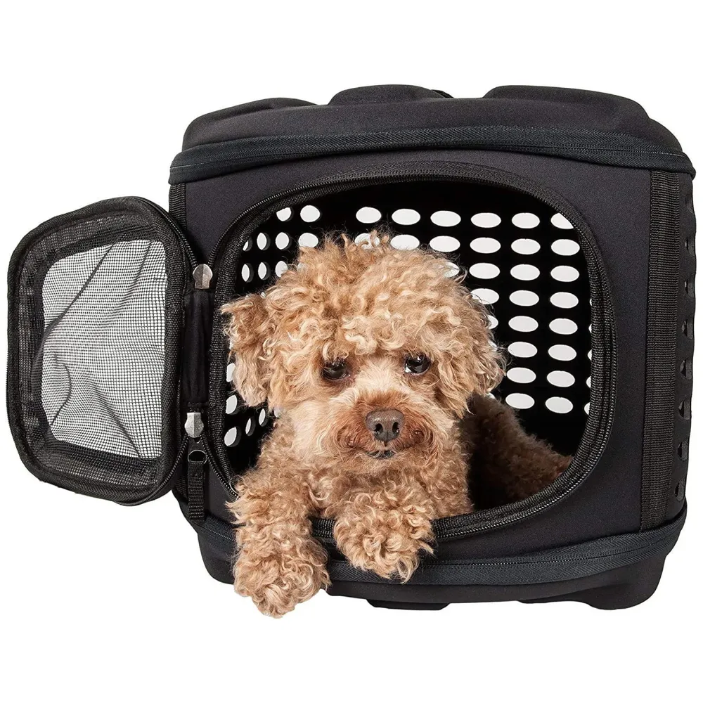 Portable Breathable EVA Car Soft Fabric Pet Carrier Folding Outdoor Storage Puppy Travel Transport Bag Pack for Dog Cat 43 x 38 x 30 cm (Black)