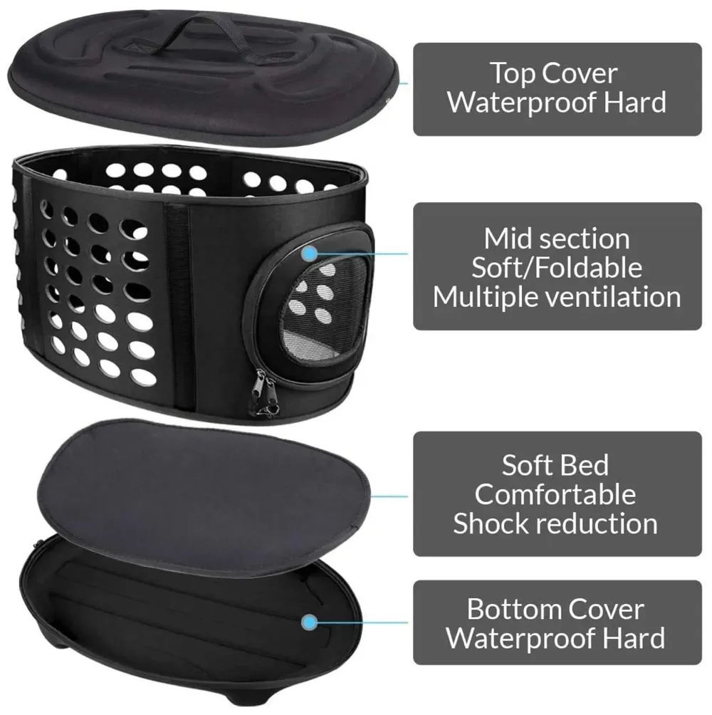 Portable Breathable EVA Car Soft Fabric Pet Carrier Folding Outdoor Storage Puppy Travel Transport Bag Pack for Dog Cat 43 x 38 x 30 cm (Black)