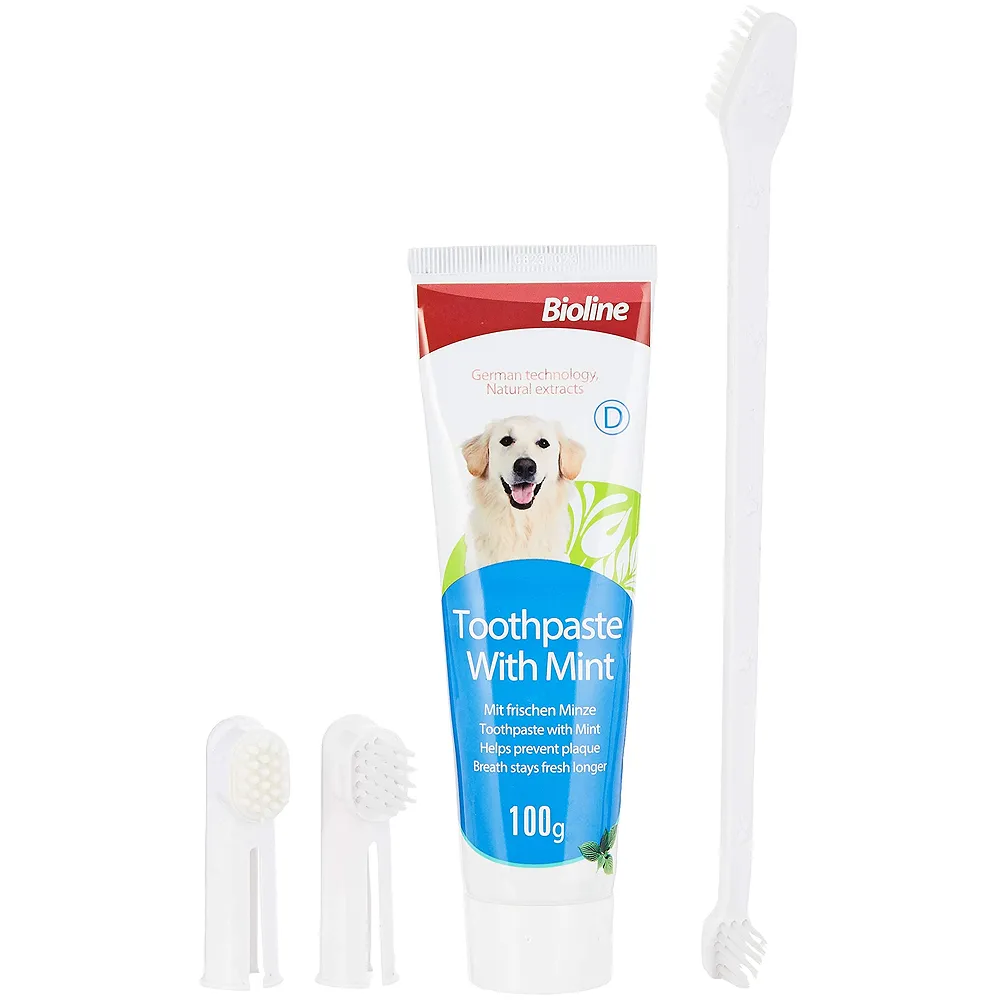 Mint Dog Tooth Brushing Kit Teeth Cleaning Kit Plaque and Tartar Control Toothpaste with 3 Toothbrush for Dogs Eliminates Bad Breath, Dog Toothpaste Mint Flavour. Premium