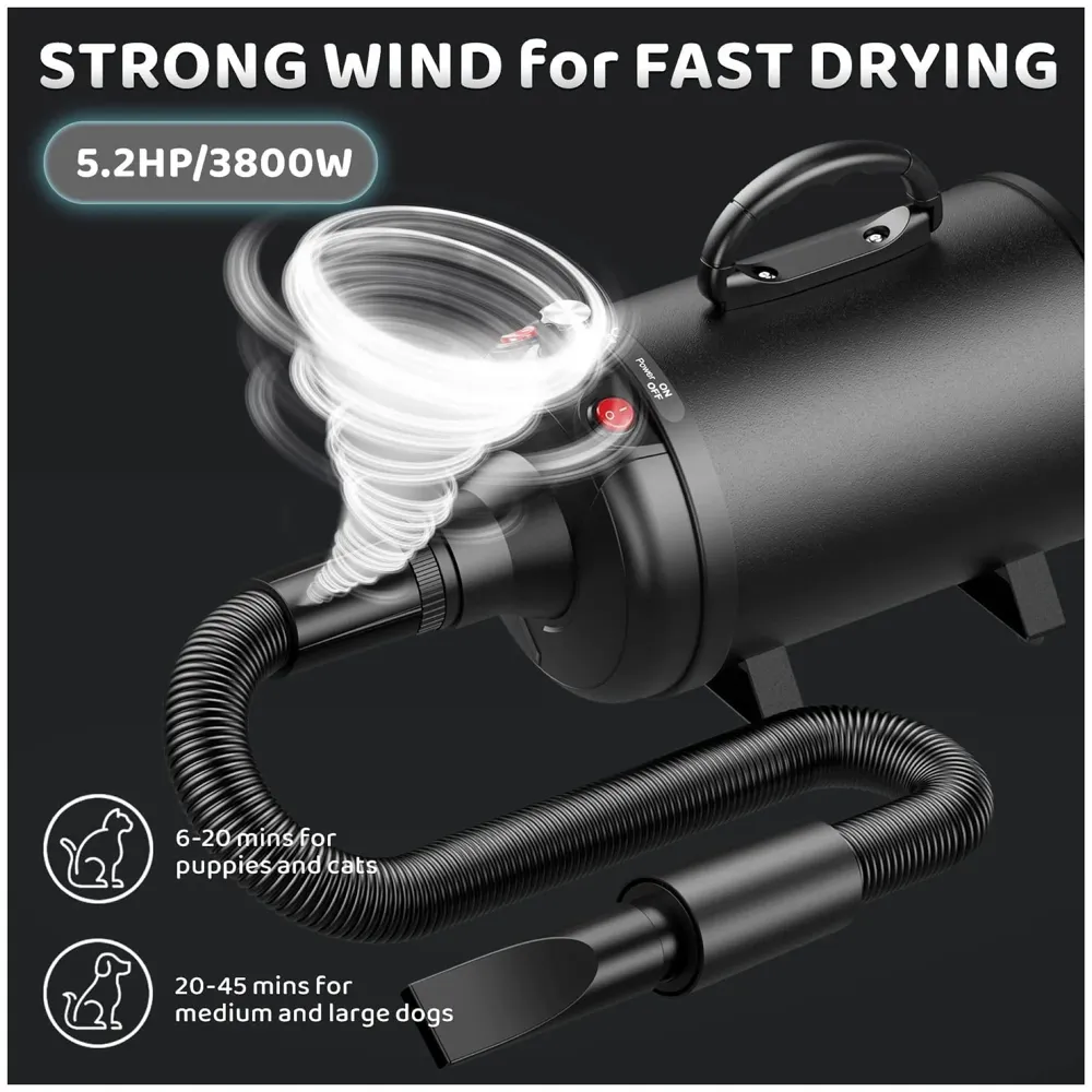 Pet Hair Dryer, 5.2HP/ 3800W High Velocity Pet Blow Dryer with Heater for Grooming, Speed Temperature Adjustable Dog Blower Grooming Dryer with 3 Nozzles For Dogs And Cats. - 4