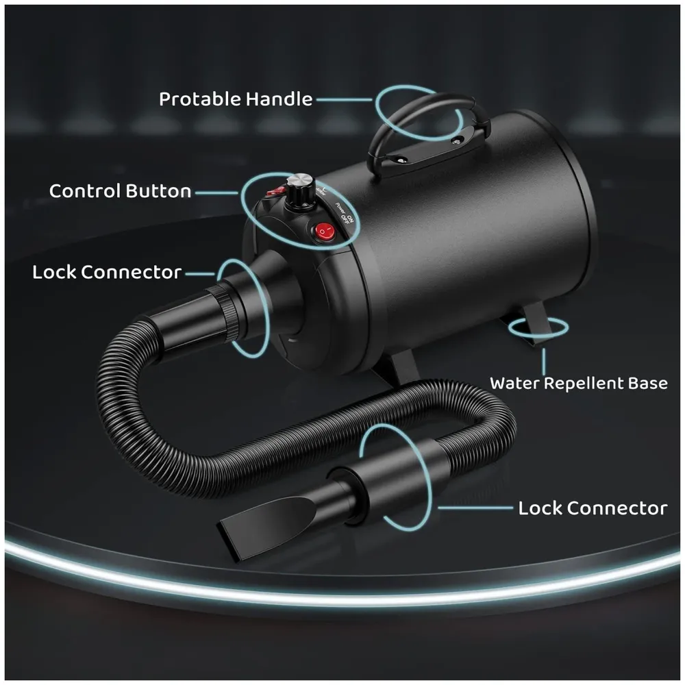 Pet Hair Dryer, 5.2HP/ 3800W High Velocity Pet Blow Dryer with Heater for Grooming, Speed Temperature Adjustable Dog Blower Grooming Dryer with 3 Nozzles For Dogs And Cats.