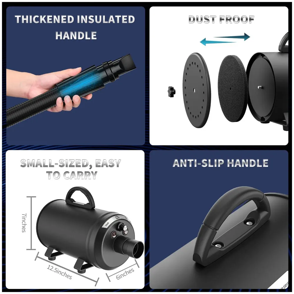 Pet Hair Dryer, 5.2HP/ 3800W High Velocity Pet Blow Dryer with Heater for Grooming, Speed Temperature Adjustable Dog Blower Grooming Dryer with 3 Nozzles For Dogs And Cats.