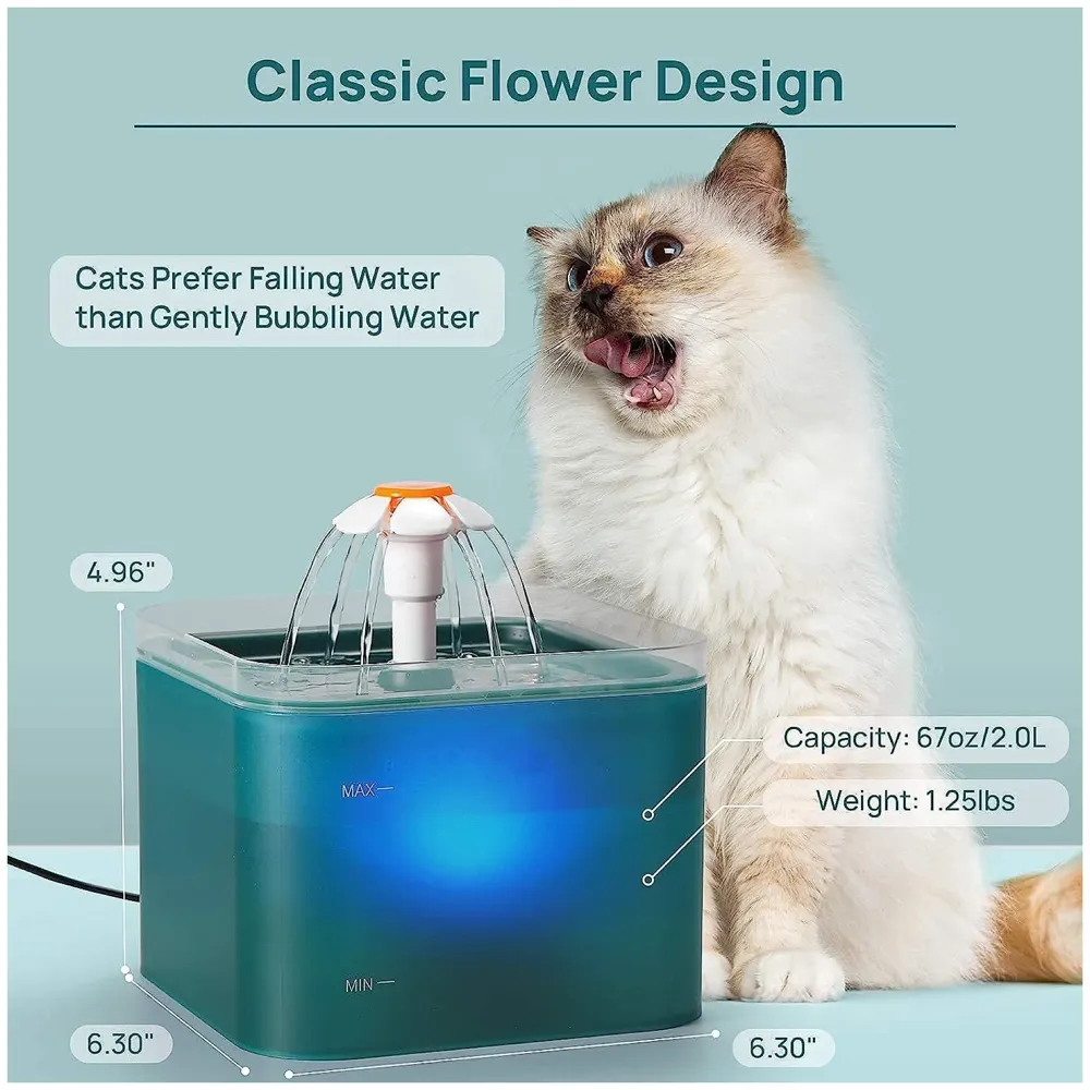 Cat Fountain with LED Light and Filter Automatic Pet Water Fountain for Constant Clean and Runnning Water Cyan Flower Flow - 16 x 16 x 12 Cm