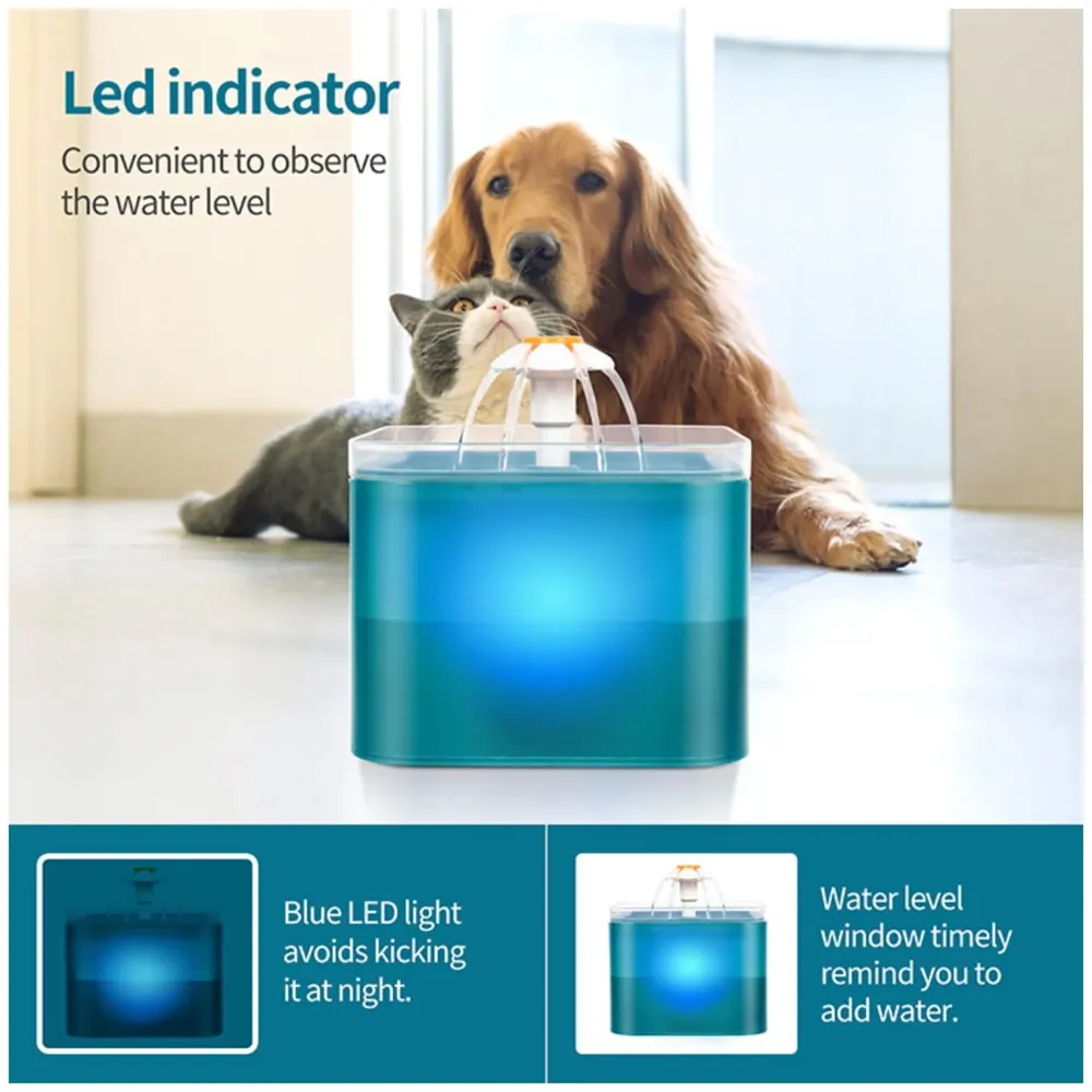 Cat Fountain with LED Light and Filter Automatic Pet Water Fountain for Constant Clean and Runnning Water Cyan Flower Flow - 16 x 16 x 12 Cm