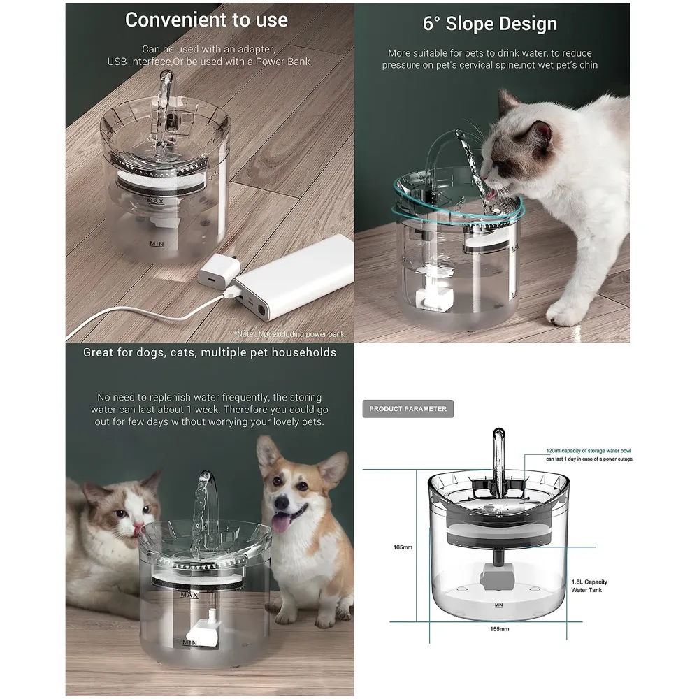 Cat Fountain Transparent Round with Filter Automatic Pet Fountain for Constant Clean and Runnning Water 2 Flow Design - 16.5 x 15.5 Cm - 4