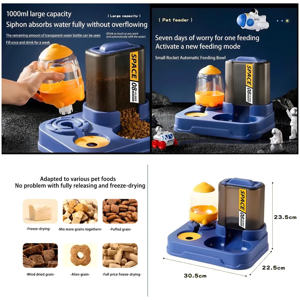 2 in 1 Automatic Water and Food Feeder Dispenser for Small Medium Big Dog Pets Puppy Kittens, Gravity Design Pet Auto Feeder Cat Food Dispenser and Auto Dog Water Dispenser 1 L Space Blue - 2