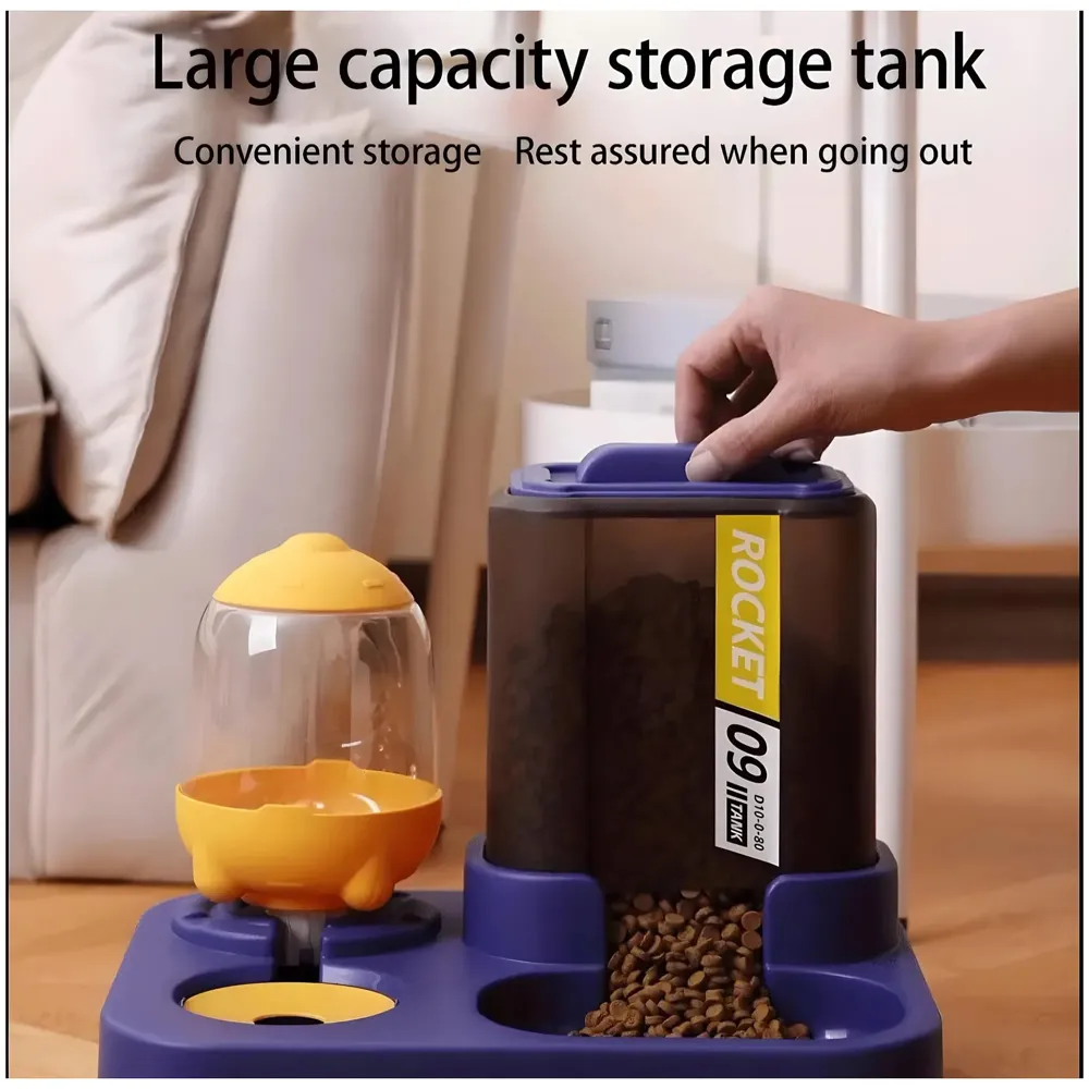 2 in 1 Automatic Water and Food Feeder Dispenser for Small Medium Big Dog Pets Puppy Kittens, Gravity Design Pet Auto Feeder Cat Food Dispenser and Auto Dog Water Dispenser 1 L Space Blue - 3