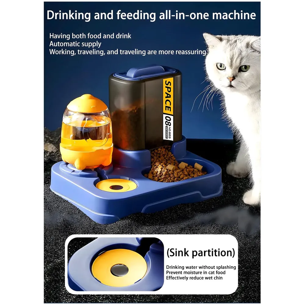 2 in 1 Automatic Water and Food Feeder Dispenser for Small Medium Big Dog Pets Puppy Kittens, Gravity Design Pet Auto Feeder Cat Food Dispenser and Auto Dog Water Dispenser 1 L Space Blue - 5