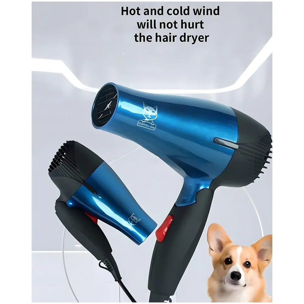 Pet 1500 Watts Hair Dryer Dog Cat Bath Wet Water Fast Drying Grooming Blower Made Specially For Pets Fur 2 Settings With Attachment And Plug Foldable Design-Blue - 2