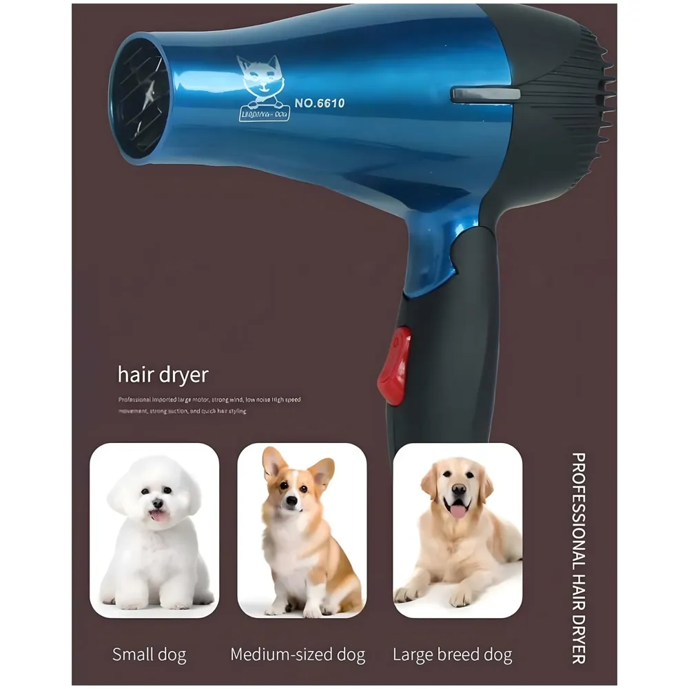 Pet 1500 Watts Hair Dryer Dog Cat Bath Wet Water Fast Drying Grooming Blower Made Specially For Pets Fur 2 Settings With Attachment And Plug Foldable Design-Blue - 4