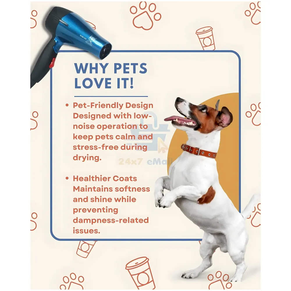 Pet 1500 Watts Hair Dryer Dog Cat Bath Wet Water Fast Drying Grooming Blower Made Specially For Pets Fur 2 Settings With Attachment And Plug Foldable Design-Blue - 6