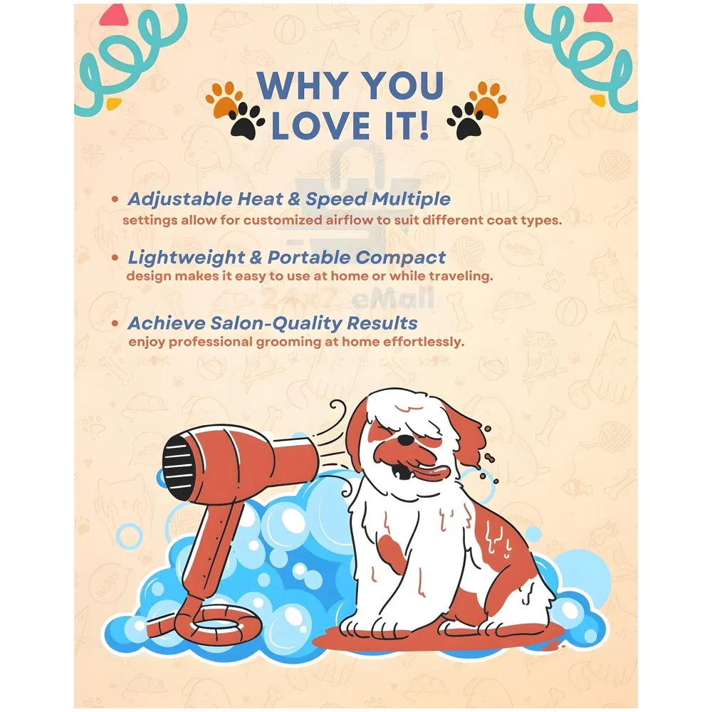 Pet 1500 Watts Hair Dryer Dog Cat Bath Wet Water Fast Drying Grooming Blower Made Specially For Pets Fur 2 Settings With Attachment And Plug Foldable Design-Blue - 8